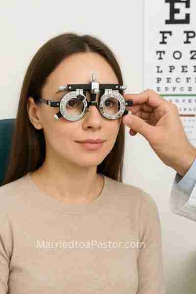 Lady getting eye exam representing what we look at matters - What's in your hand